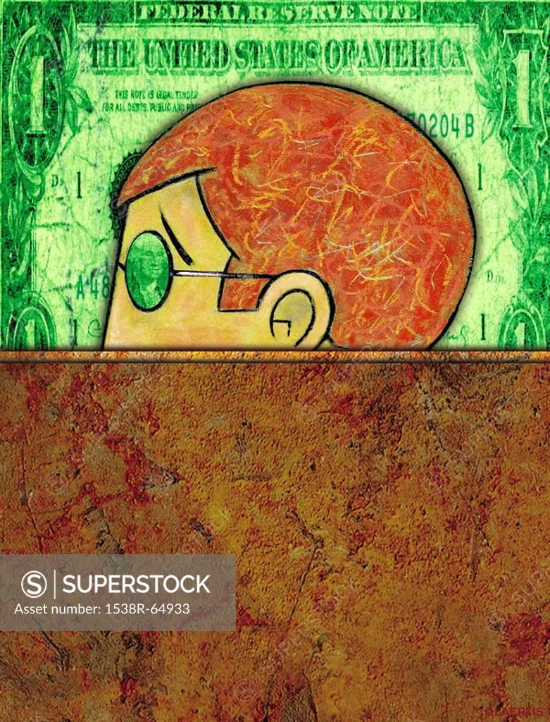 An image of a mans head with a dollar bill in the background