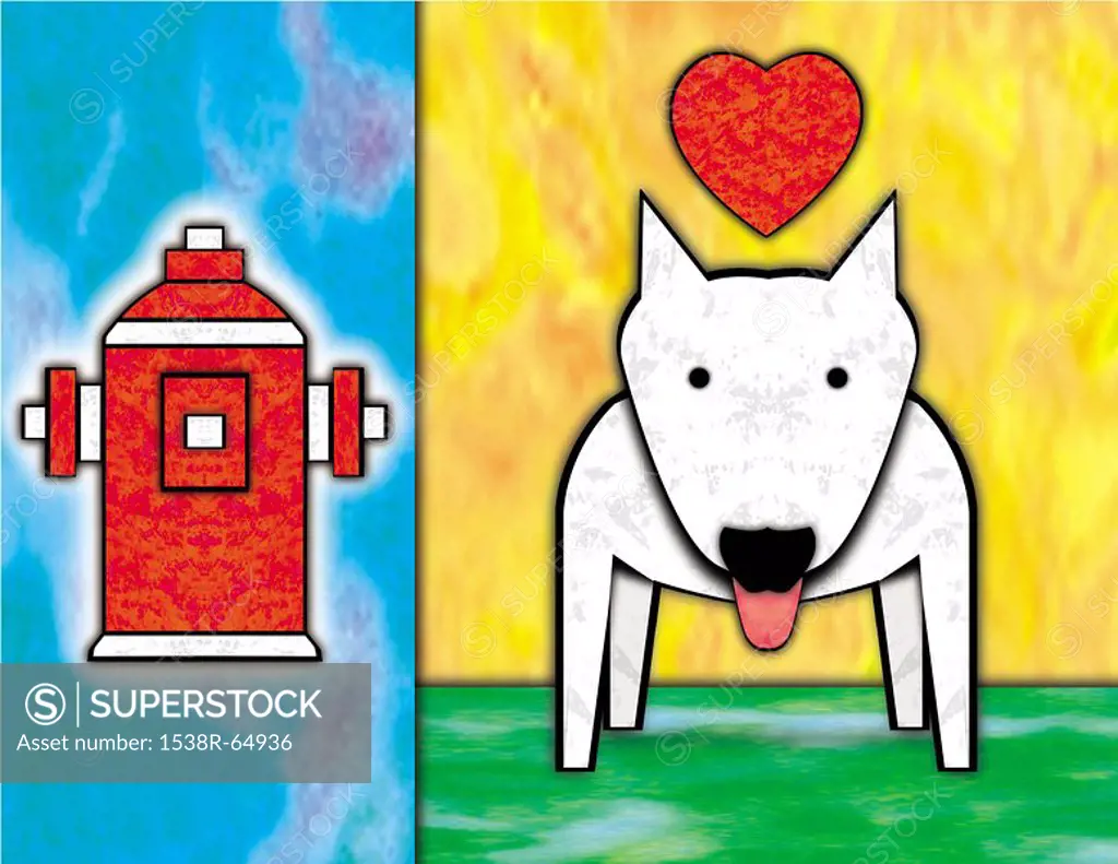 Two juxtaposed images consisting of a white dog with a heart above and a red fire hydrant