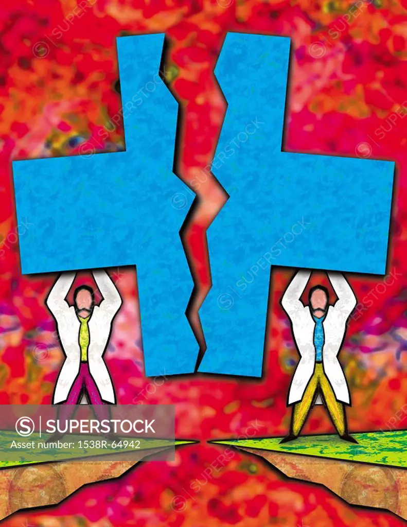 An illustration of two figures dressed in lab coats breaking a large blue cross in half
