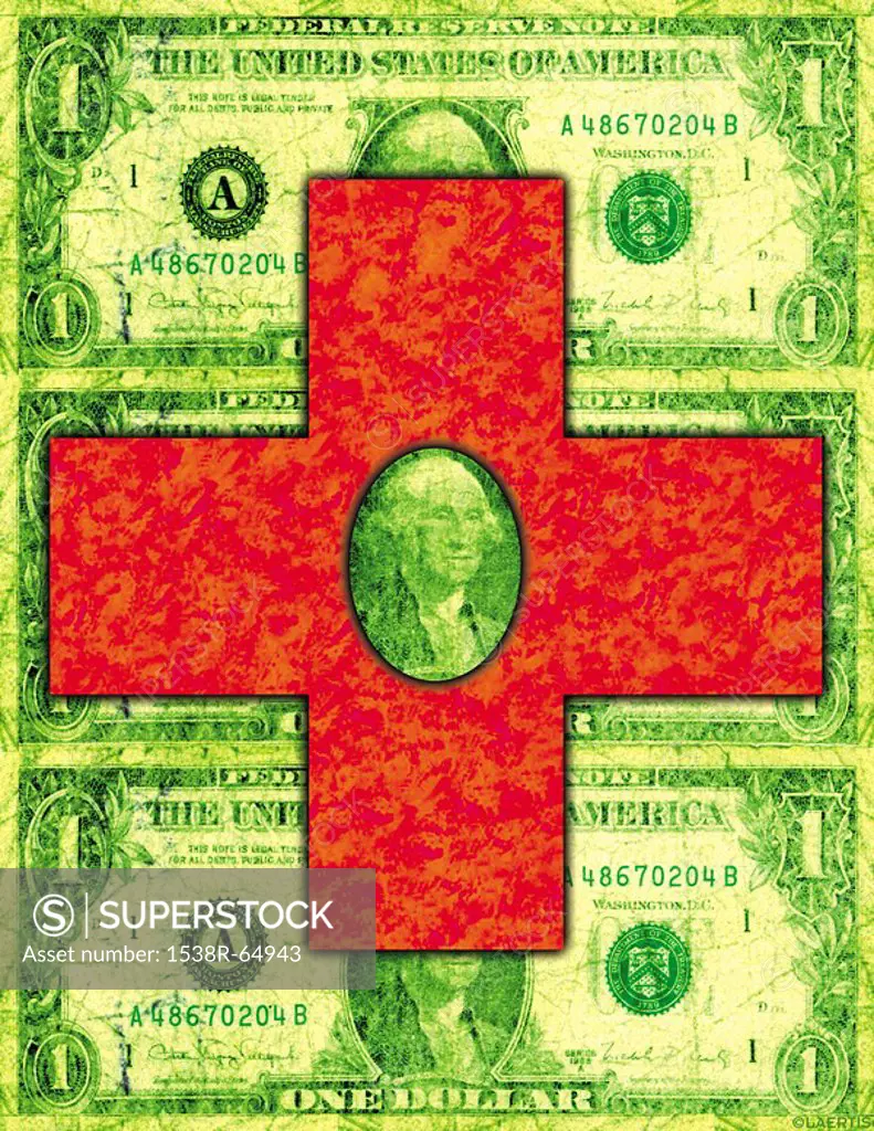 A collage of a red cross on top of three one dollar bills
