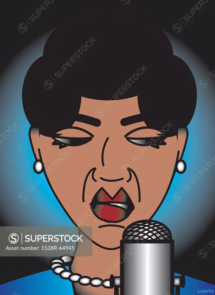An illustration of a woman singing into a microphone