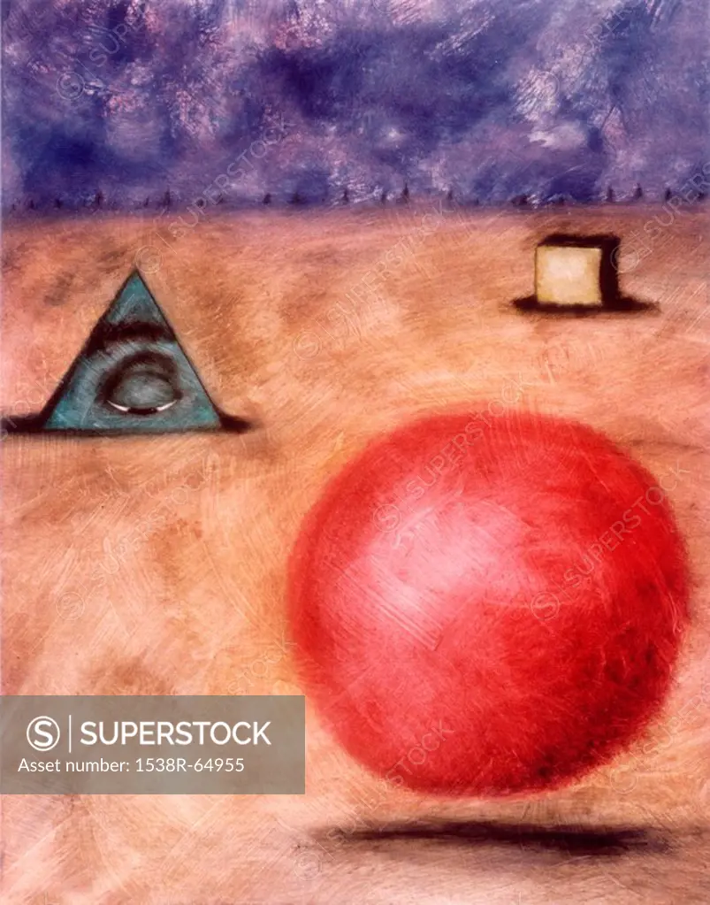 An abstract illustration of a suspended sphere, a pyramid and a cube