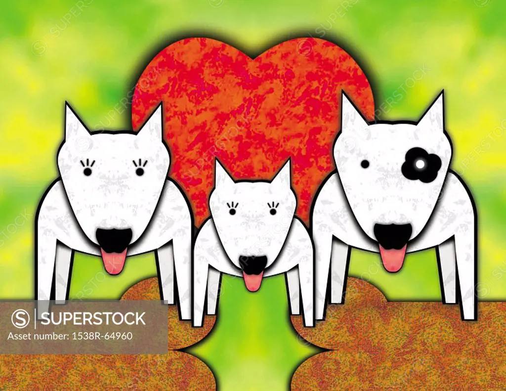 A drawing of a family of three dogs standing on over sized bones with a red heart in the background
