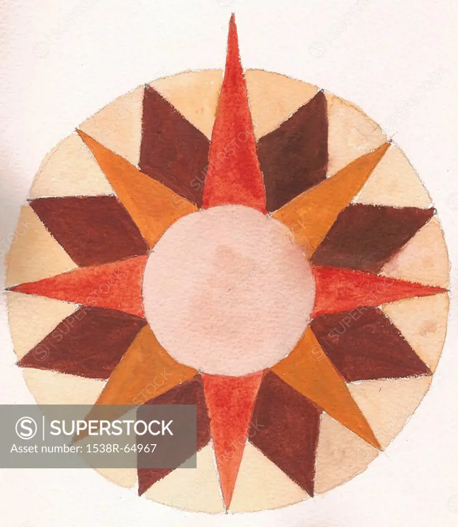 A painting on textured paper of a compass in shades of brown