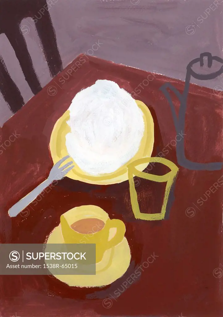 Teapot and tea cup with food on table