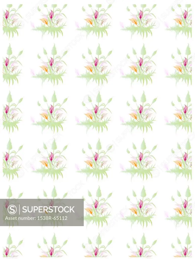 A decorative floral pattern of pond flowers and leaves