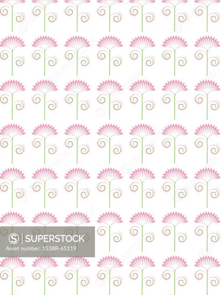 A decorative pattern consisting of a long stemmed flower with petals in two shades of pink