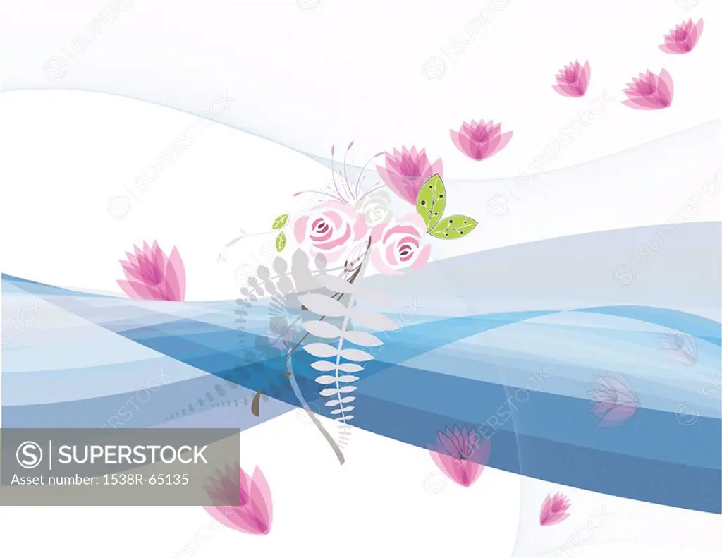 A montage of pink flowers, branches of linear leaves and waves of water scattered across the canvas