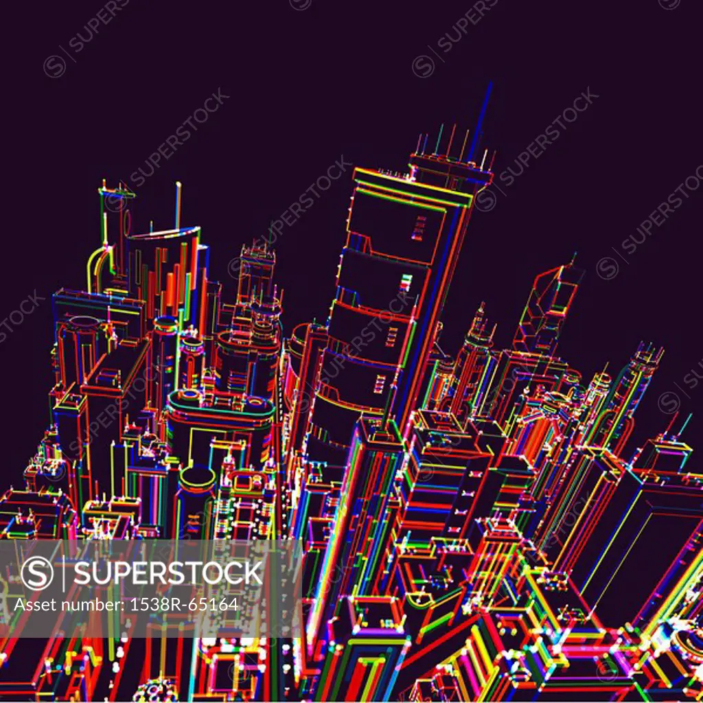 A line drawing of a thriving city in an array of colors