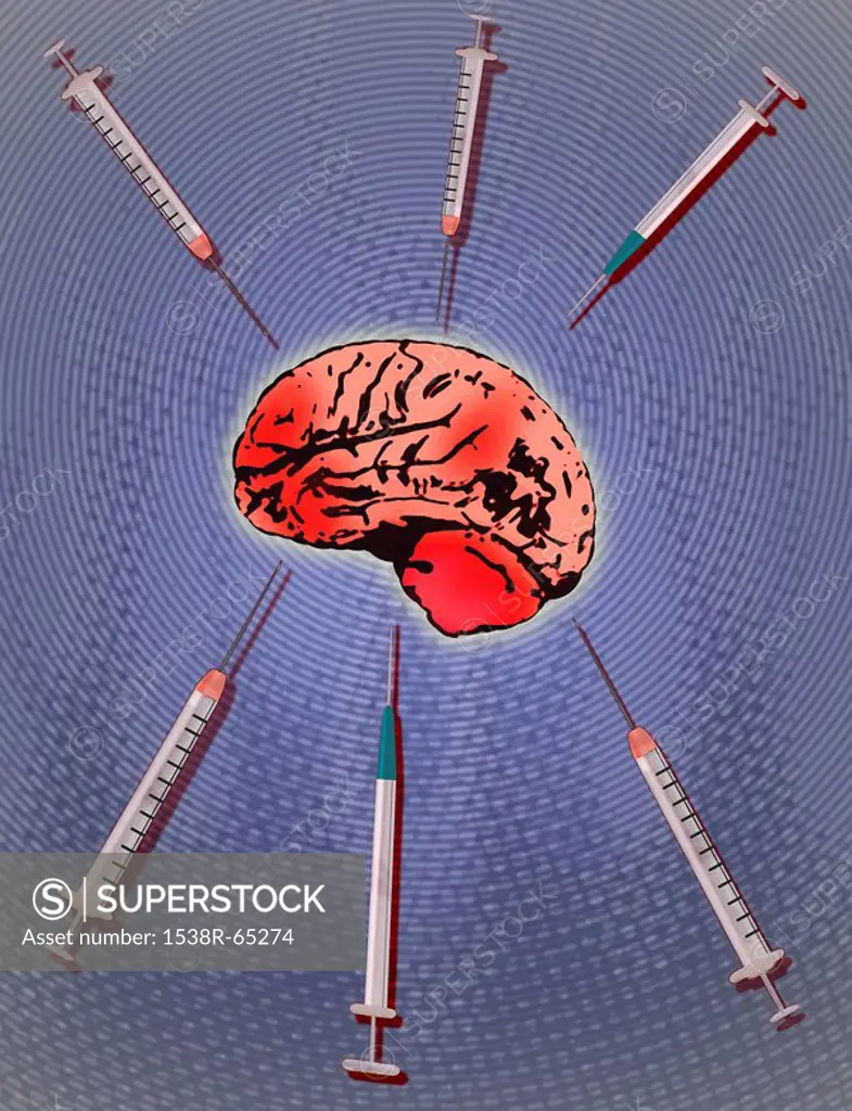 Human brain with syringes surrounding it