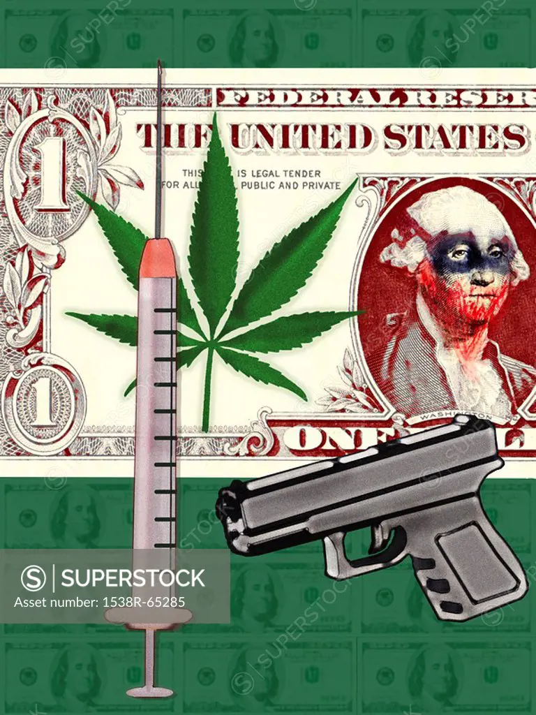 Collage of dollar bill, syringe, gun and cannabis