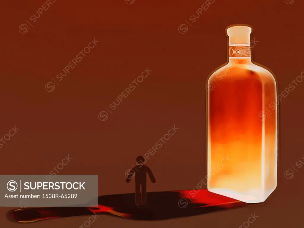Small figure being overshadowed by large bottle of alcohol