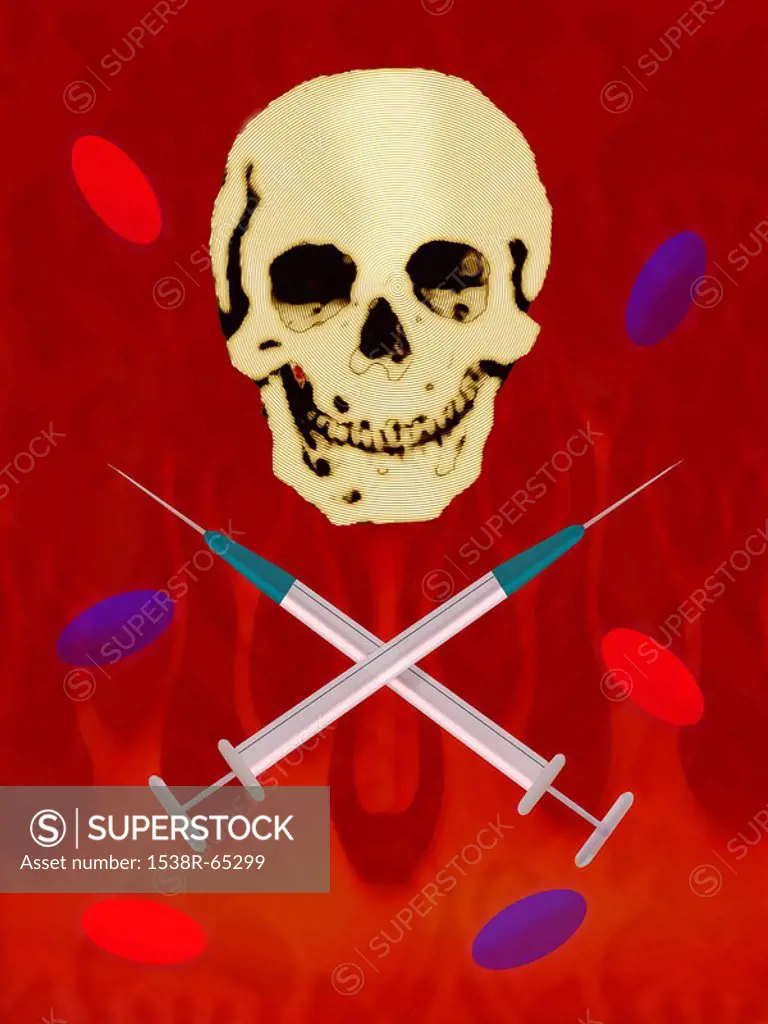 Skull with syringe and pills