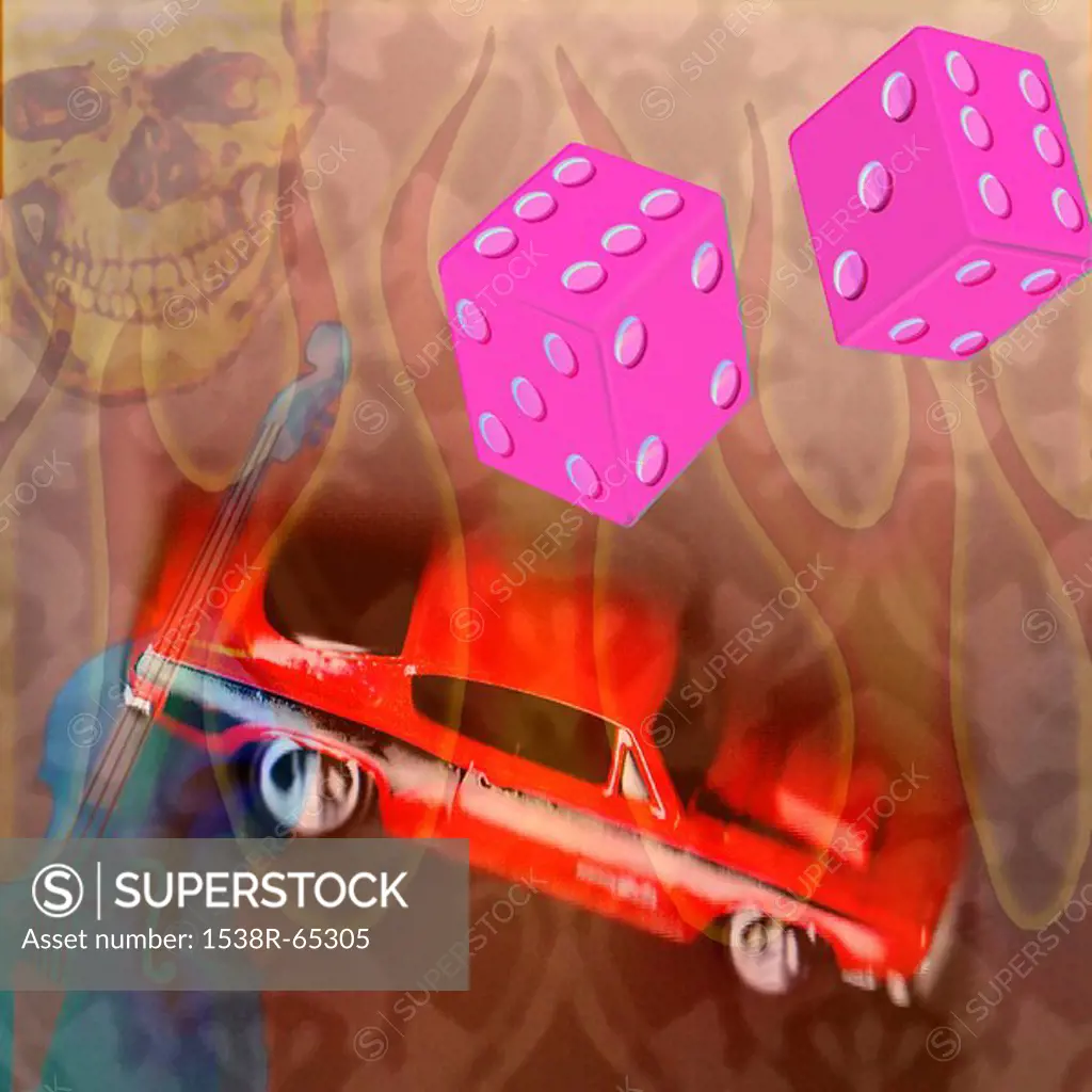 Collage of car, dice, skull and cello