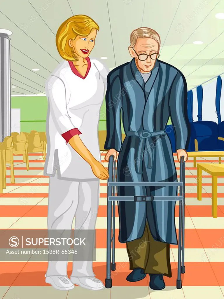 A health care worker helping an elderly man with a walking frame