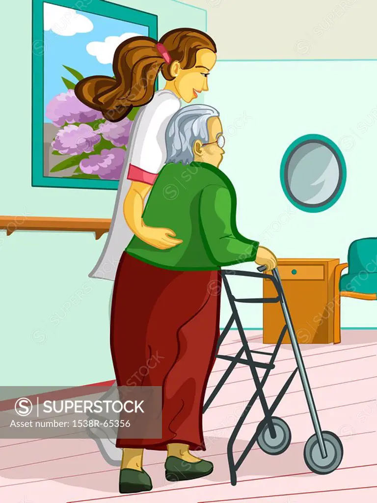 A health care worker assisting an elderly lady with a walking frame