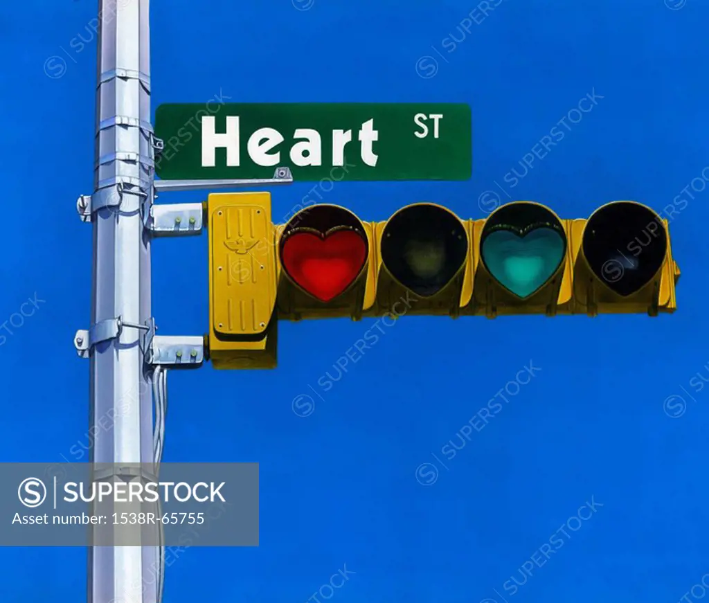 Heart shaped signal lights with street name board