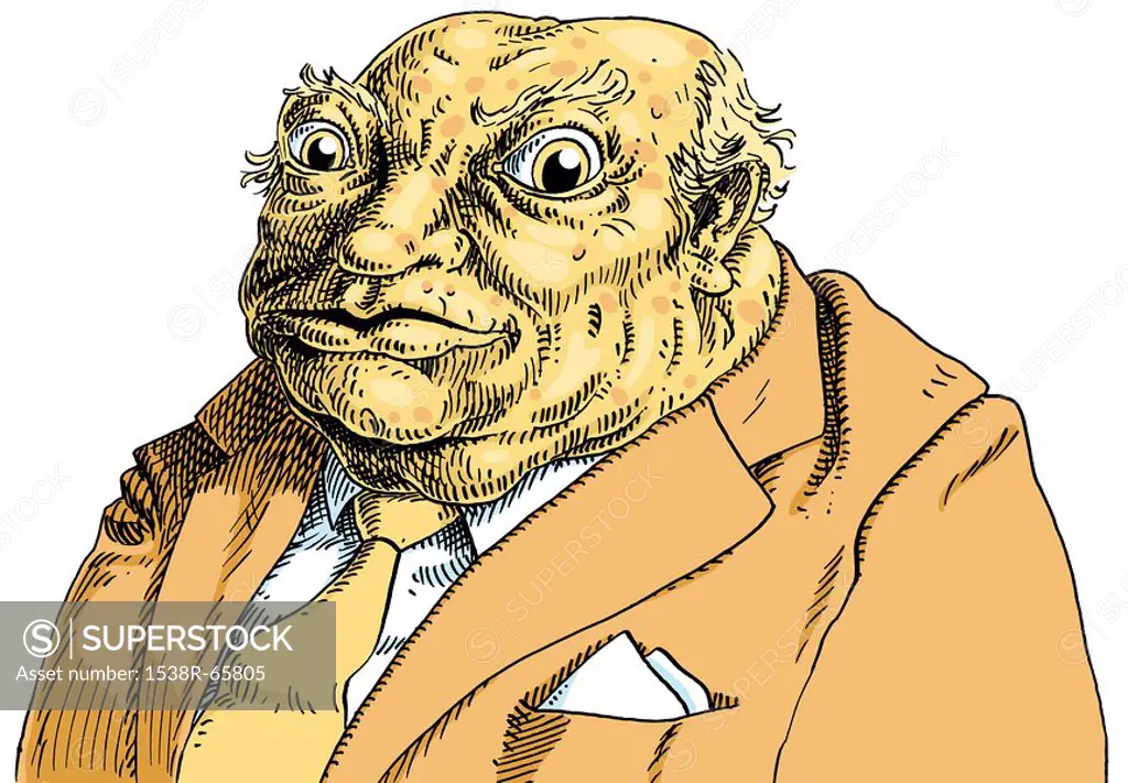 An illustration of a toad wearing a brown business suit and cream tie