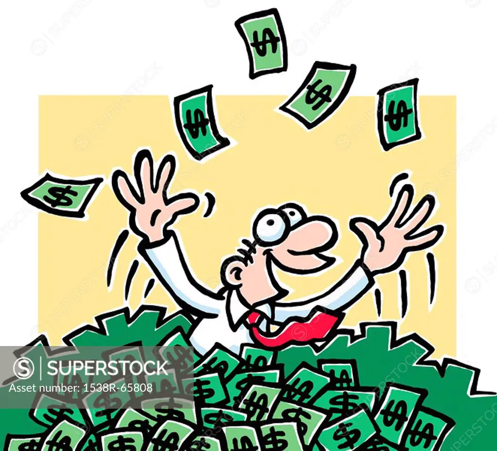A cartoon drawing of a man immersed in money throwing it above his head