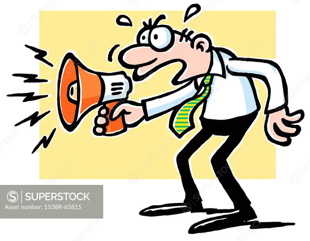 A cartoon drawing of a man yelling into a megaphone