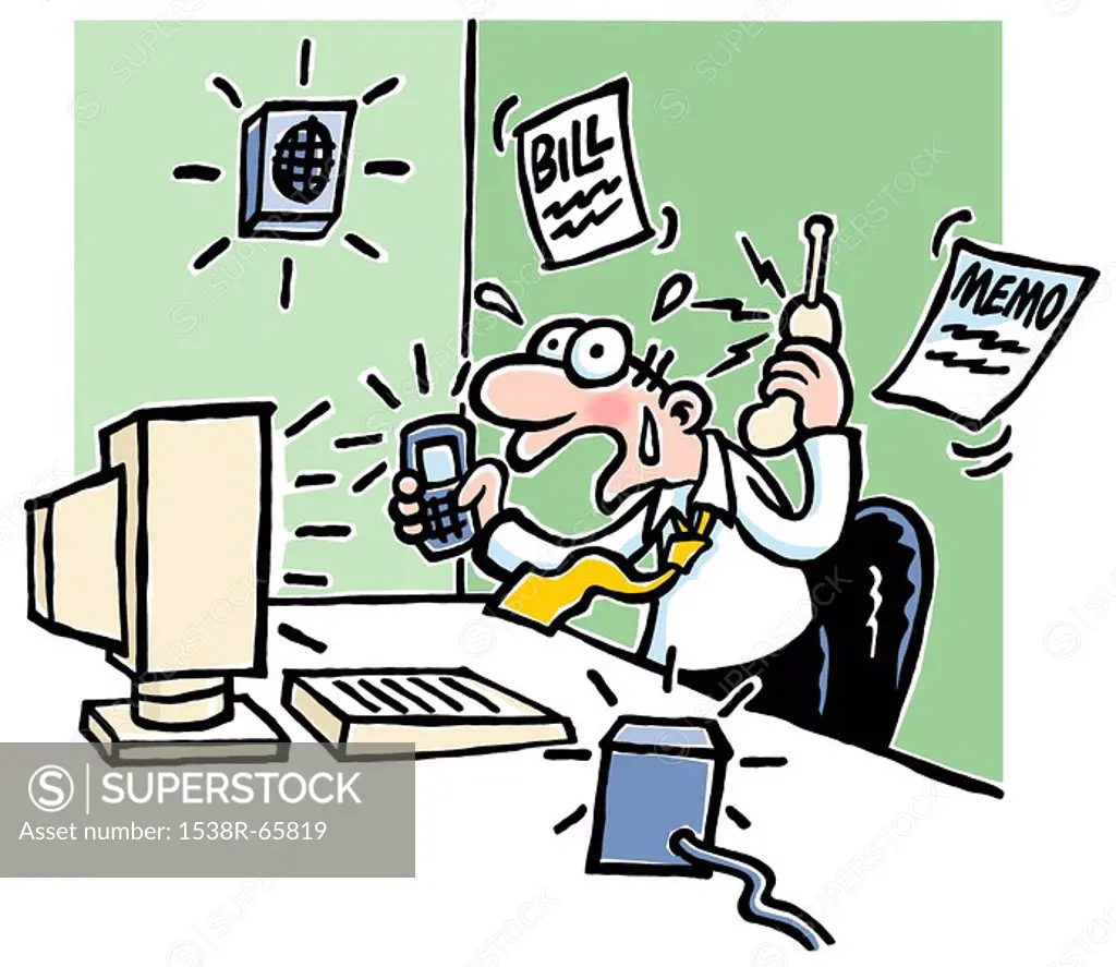 A cartoon drawing of a businessman sitting at a work desk looking stressed and surrounded by active cell phone, computers, intercoms and memos