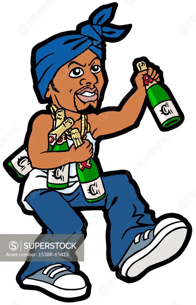 An illustration of a man with numerous bottles of champagne and a blue scarf tied around his head