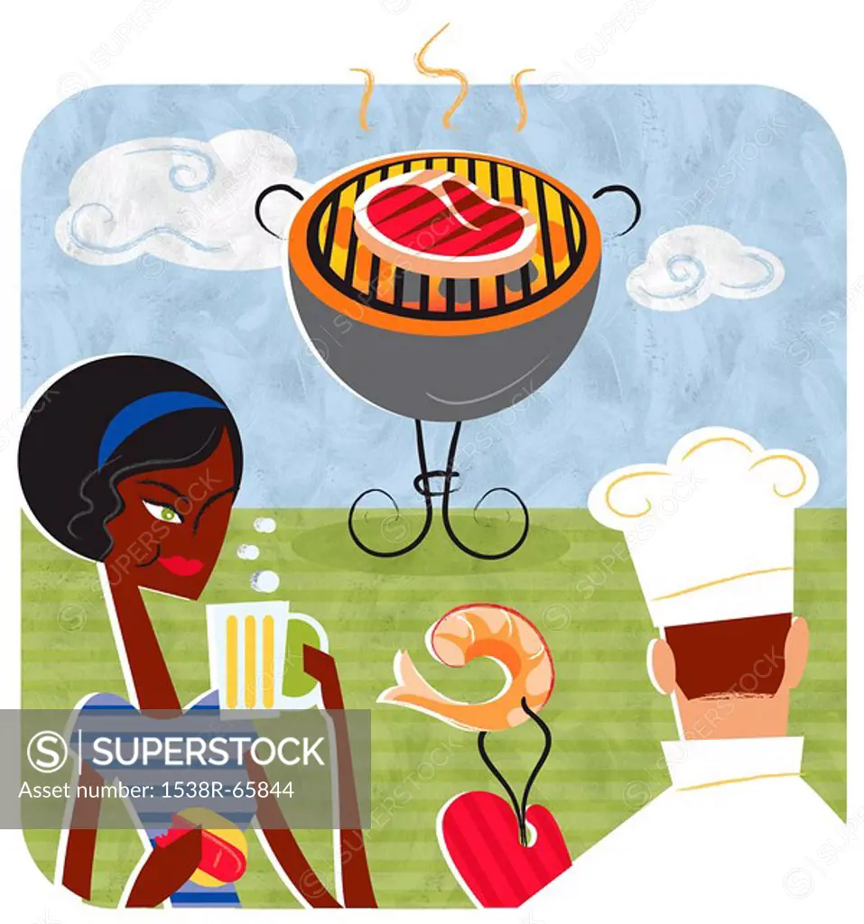 An illustration of a chef and a woman enjoying a summer barbecue
