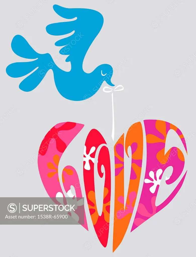 A bird flying with a heart spelling the word Love