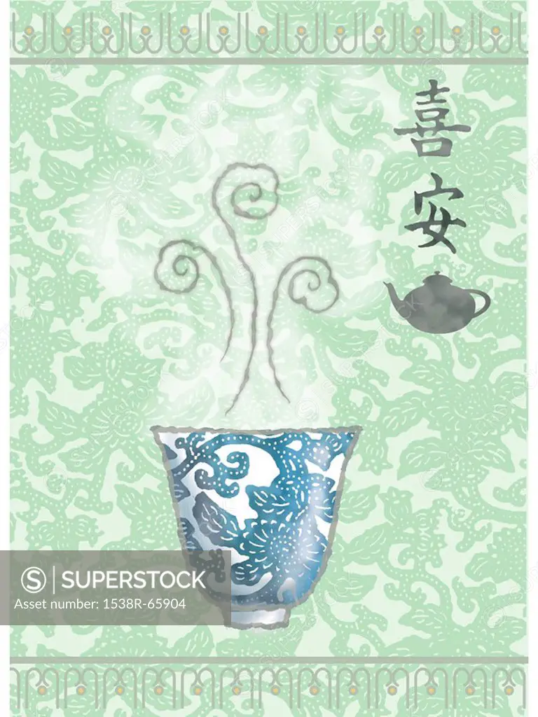 A tea cup and pot on a Japanese inspired background