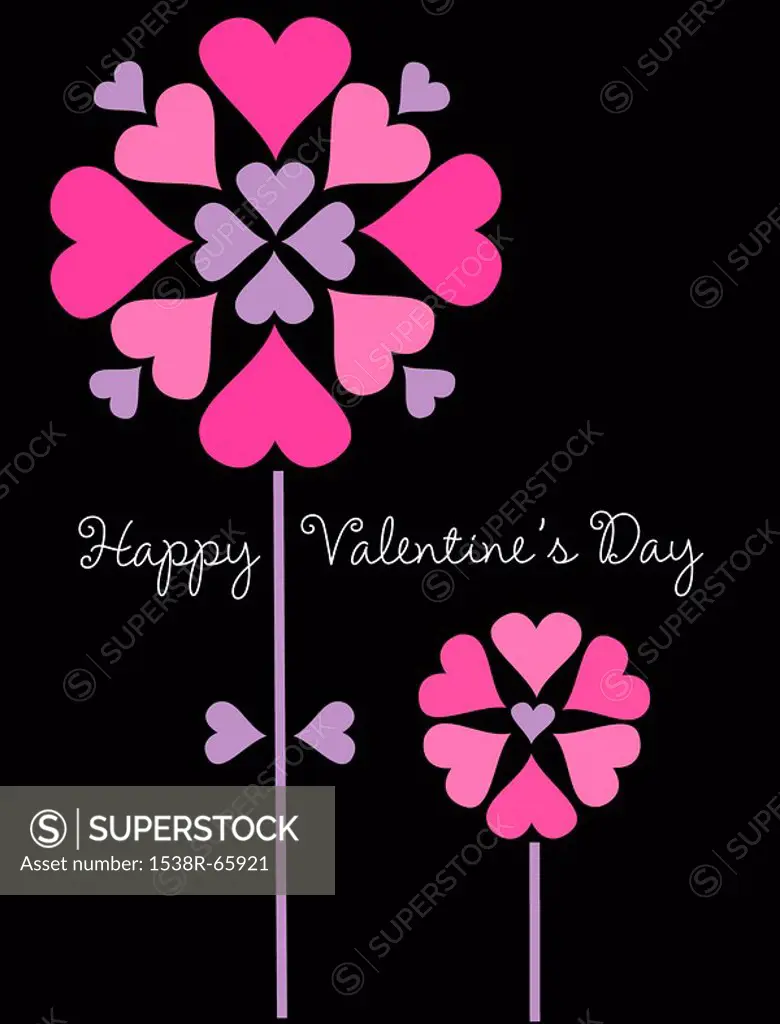 Two flowers made of pink and purple hearts on a black background