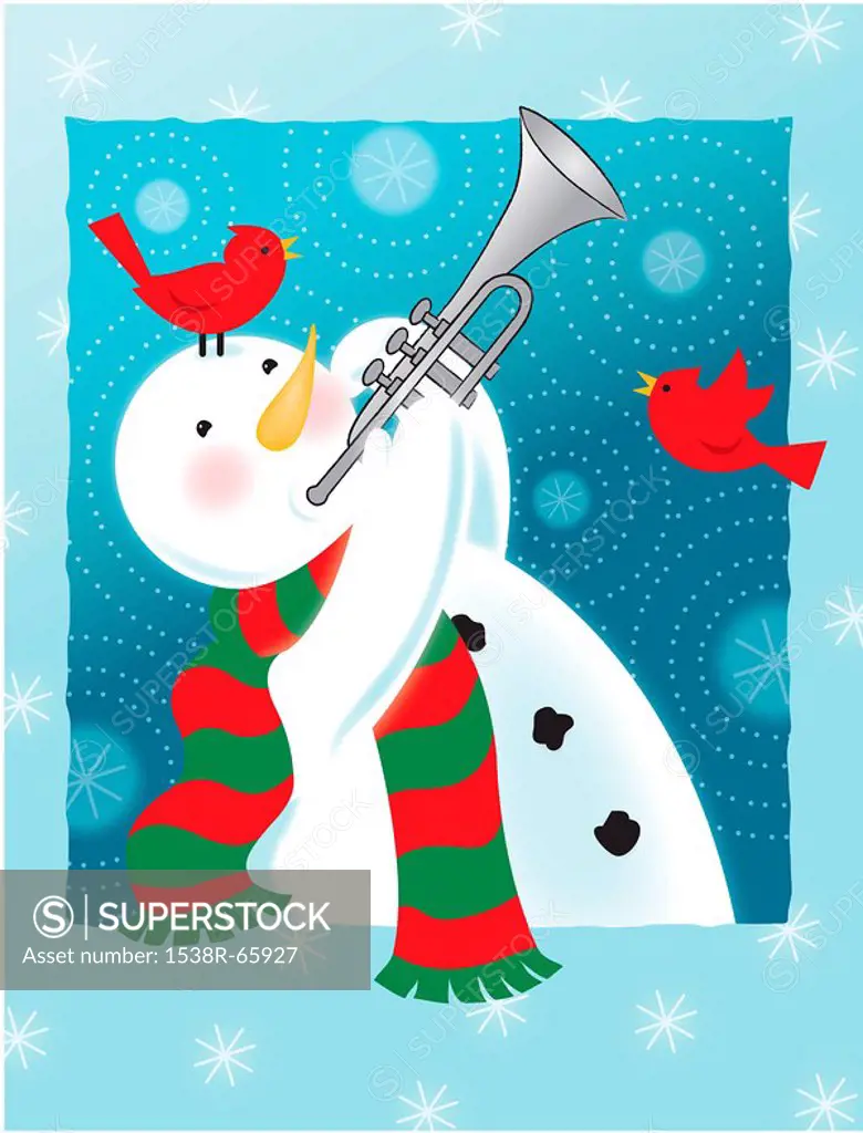 A happy snowman playing the trumpet