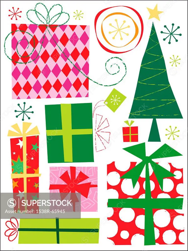An illustration of Christmas gifts and a Christmas tree