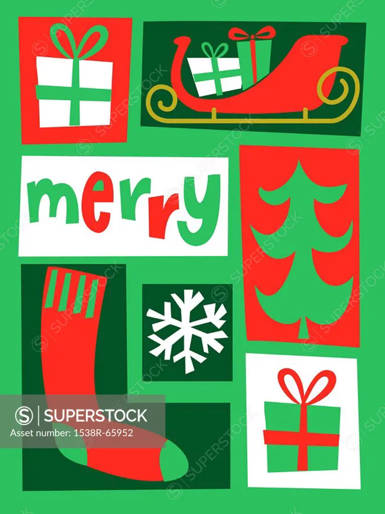 A green red and white colored collection of Christmas based images with the caption Merry