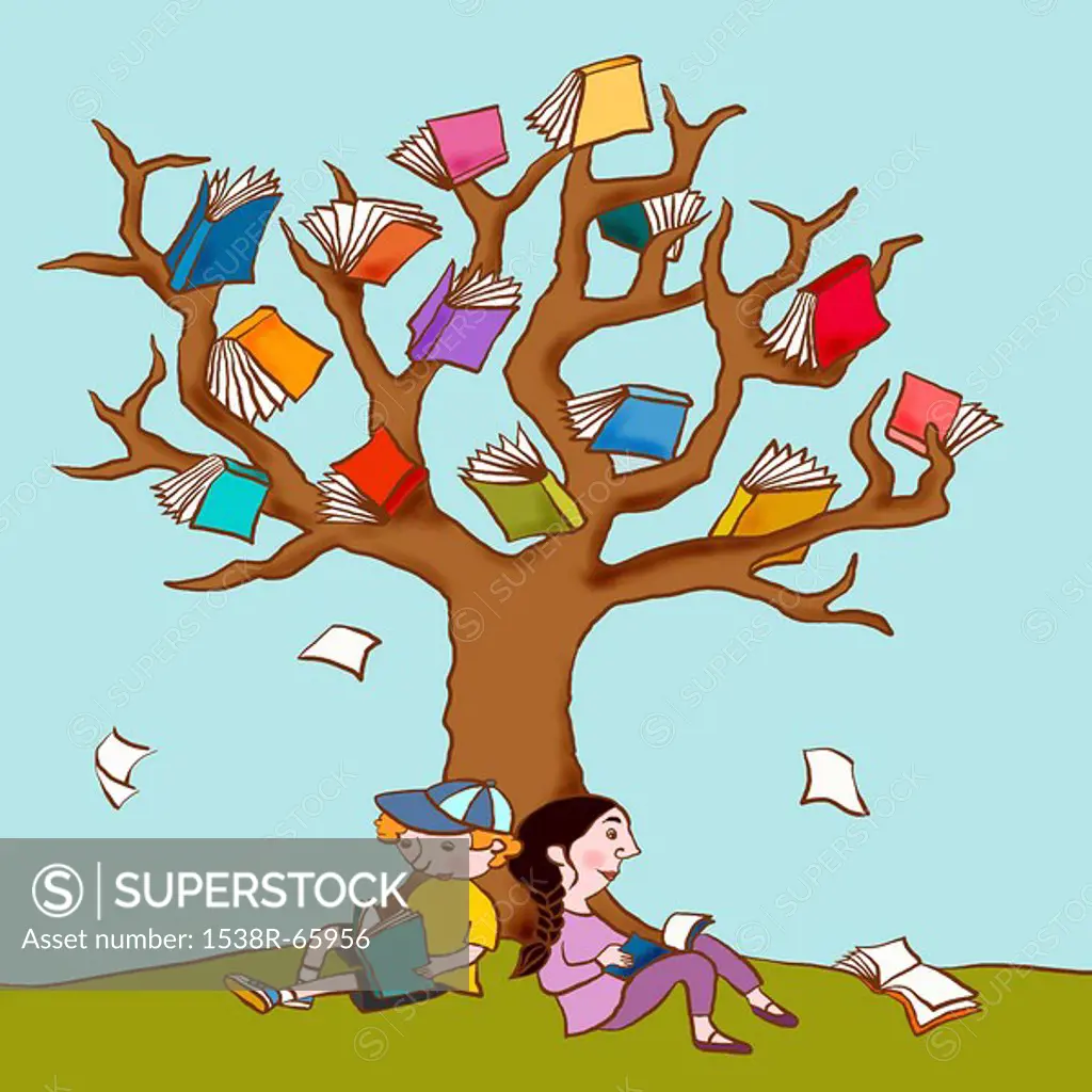 Two children resting under the book covered branches of a large tree
