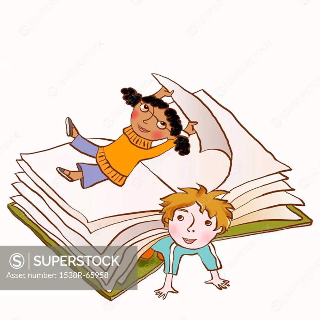 Two children playing happily in the pages of a large book