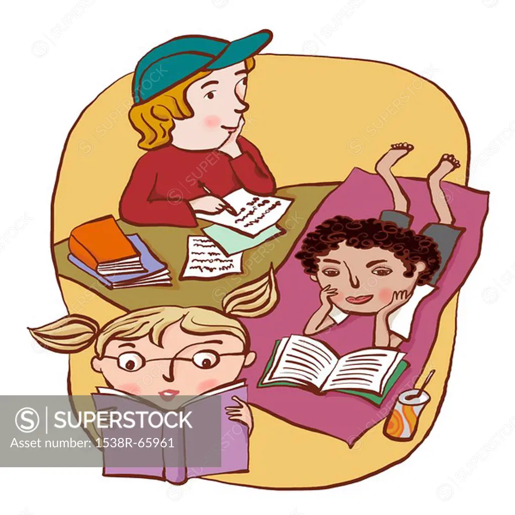 A group of three children reading and writing happily