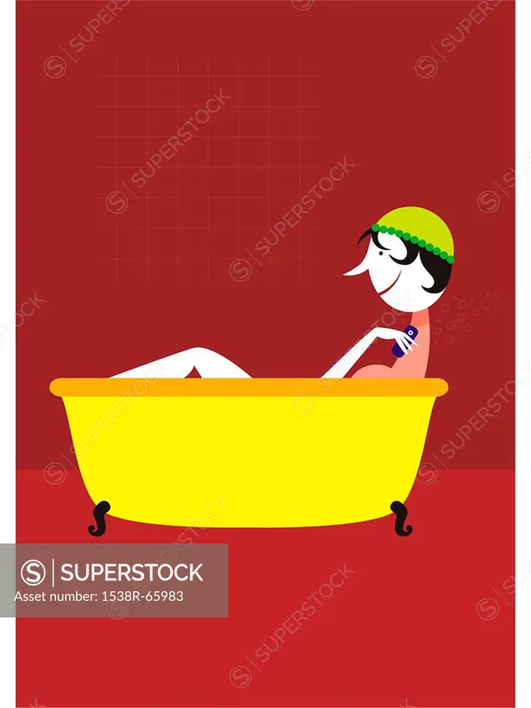 A woman in the bath using soap shaped like a cell phone
