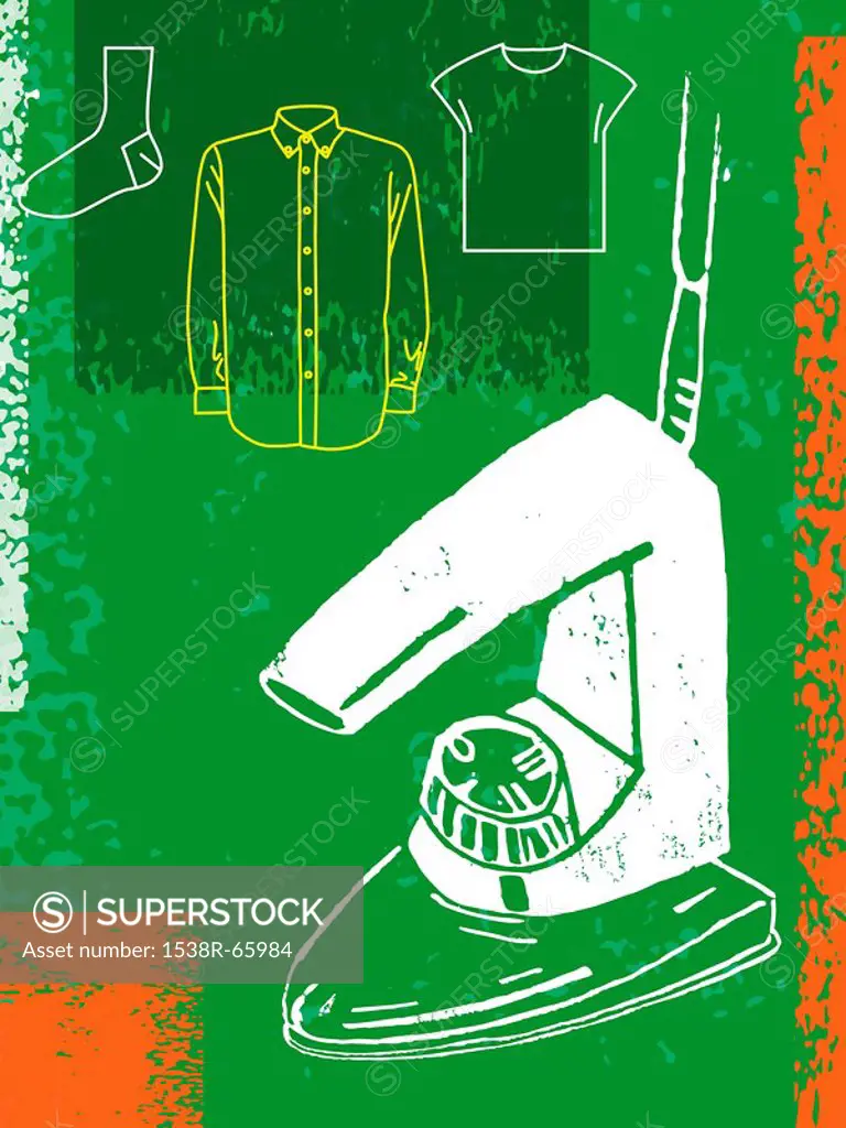 A print of an iron and outline of a T_shirt, business shirt and sock