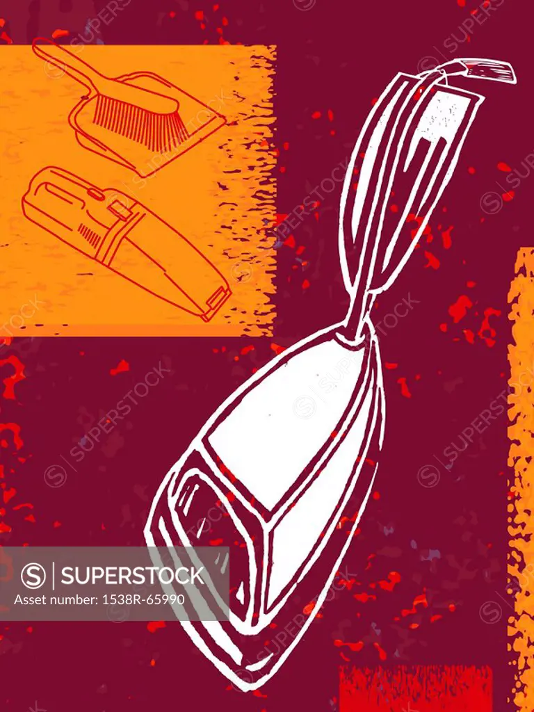 A print of a vacuum cleaner, dust buster and brush and pan