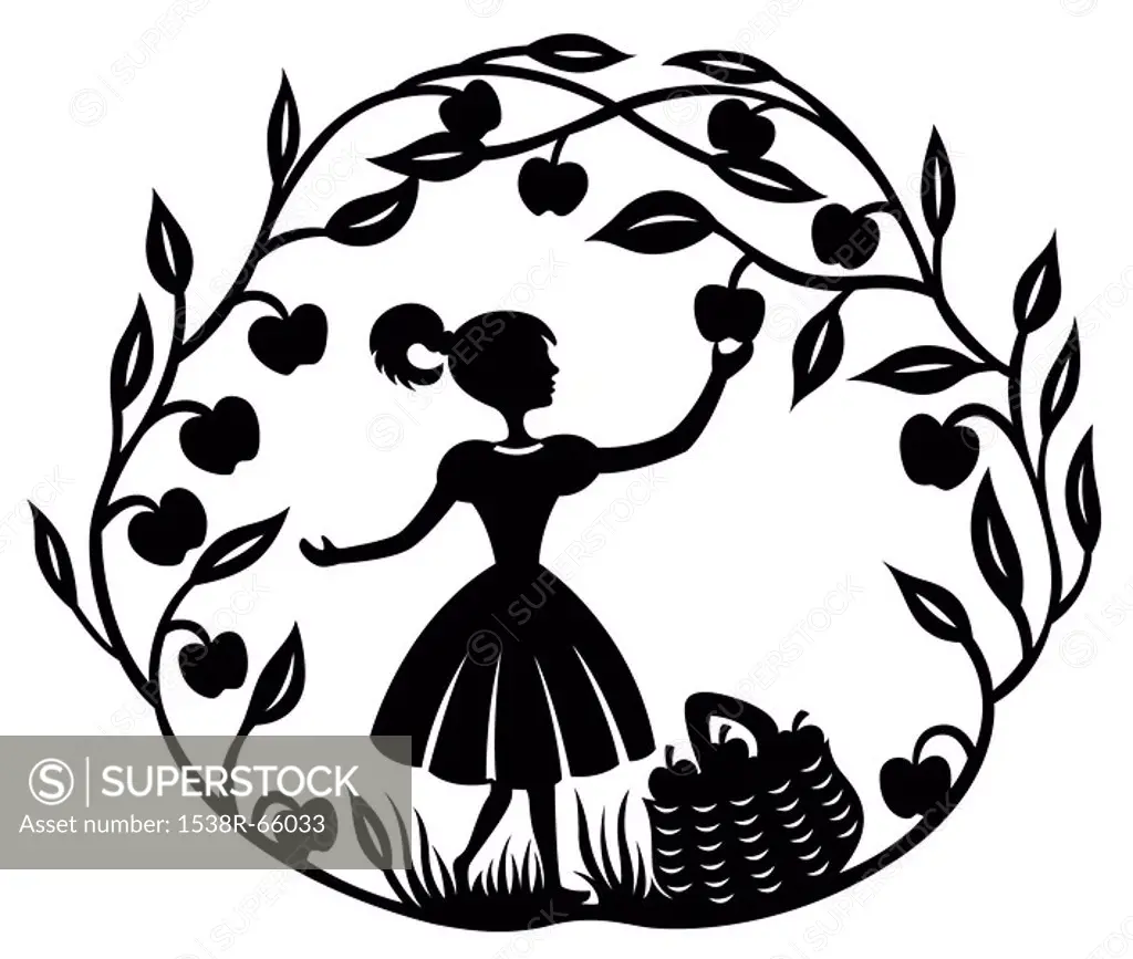 A paper_cut design of a young girl picking apples from a tree