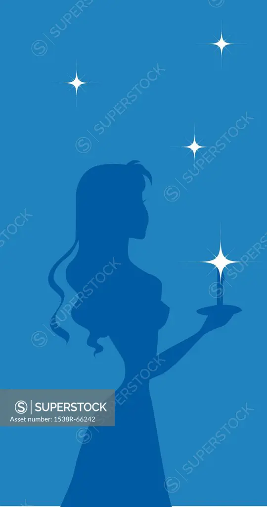 A silhouette of a woman carrying a candle