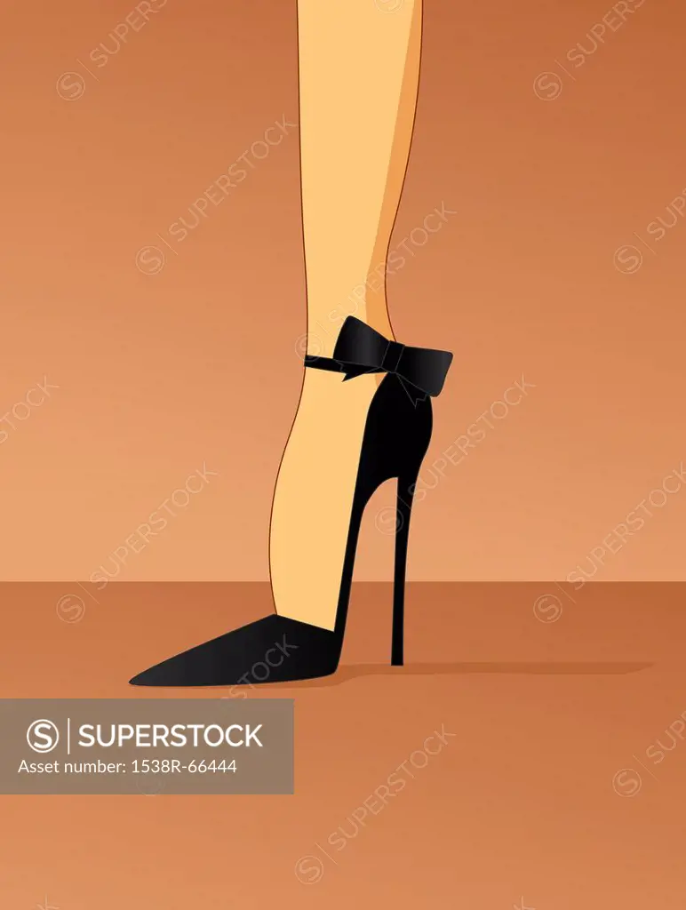 Illustration of a woman wearing a black stiletto high heel shoe