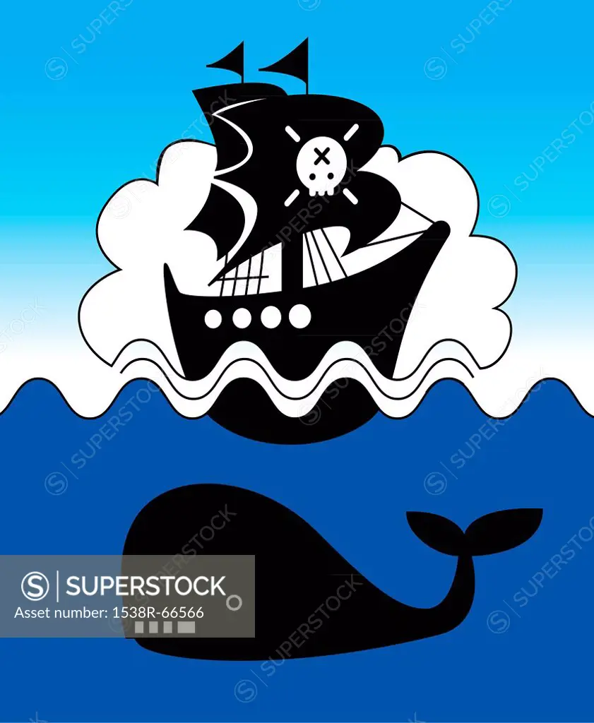 Illustration of a whale swimming under a pirate ship
