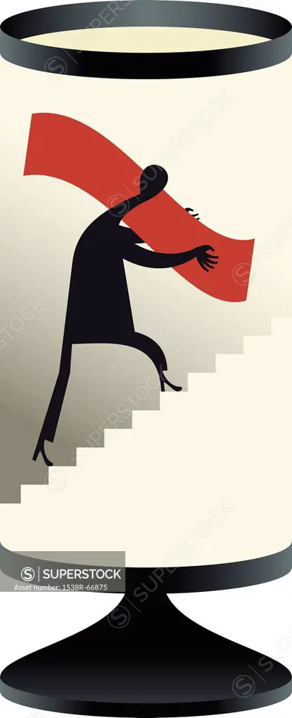 A figure carrying an object up stairs