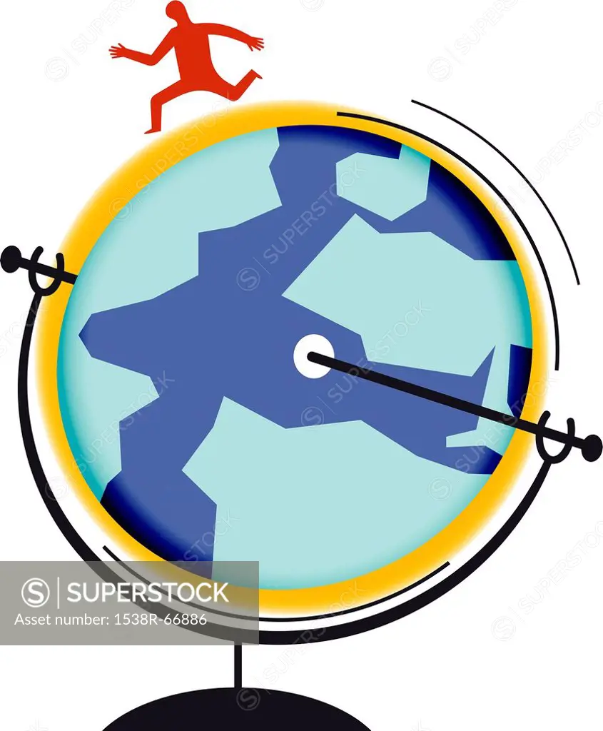 A figure running on a world globe