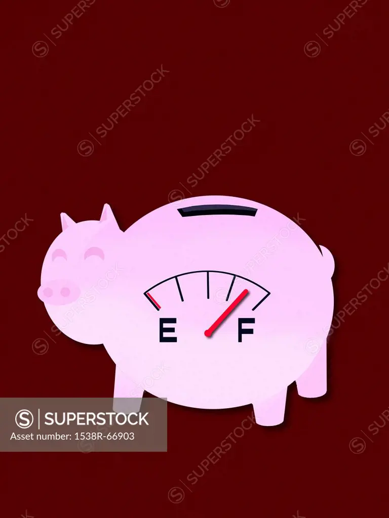 A piggy bank with a full fuel gauge