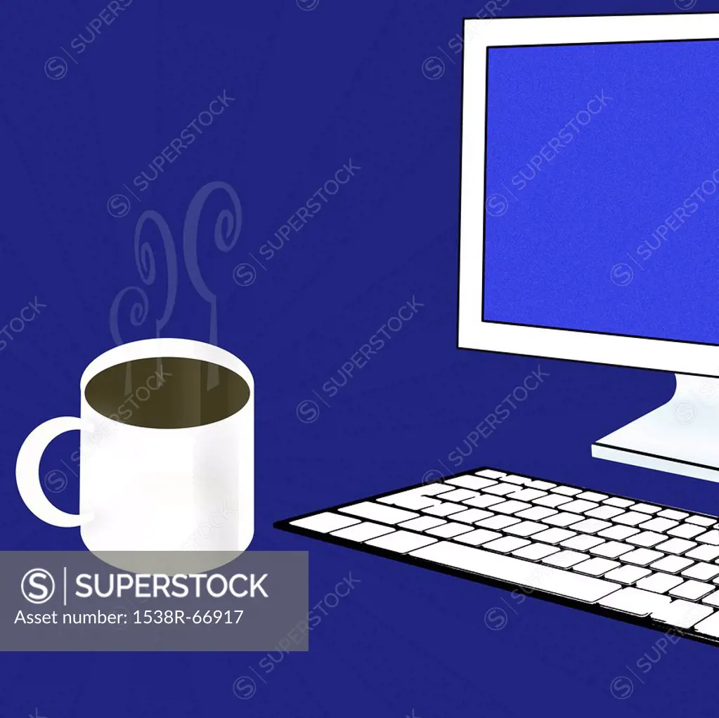 A coffee by a computer
