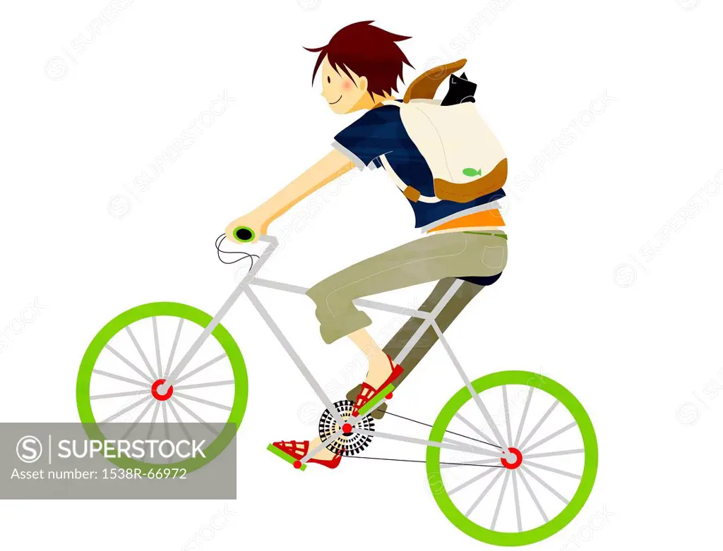Illustration of a young man riding a bike with a cat in his backpack