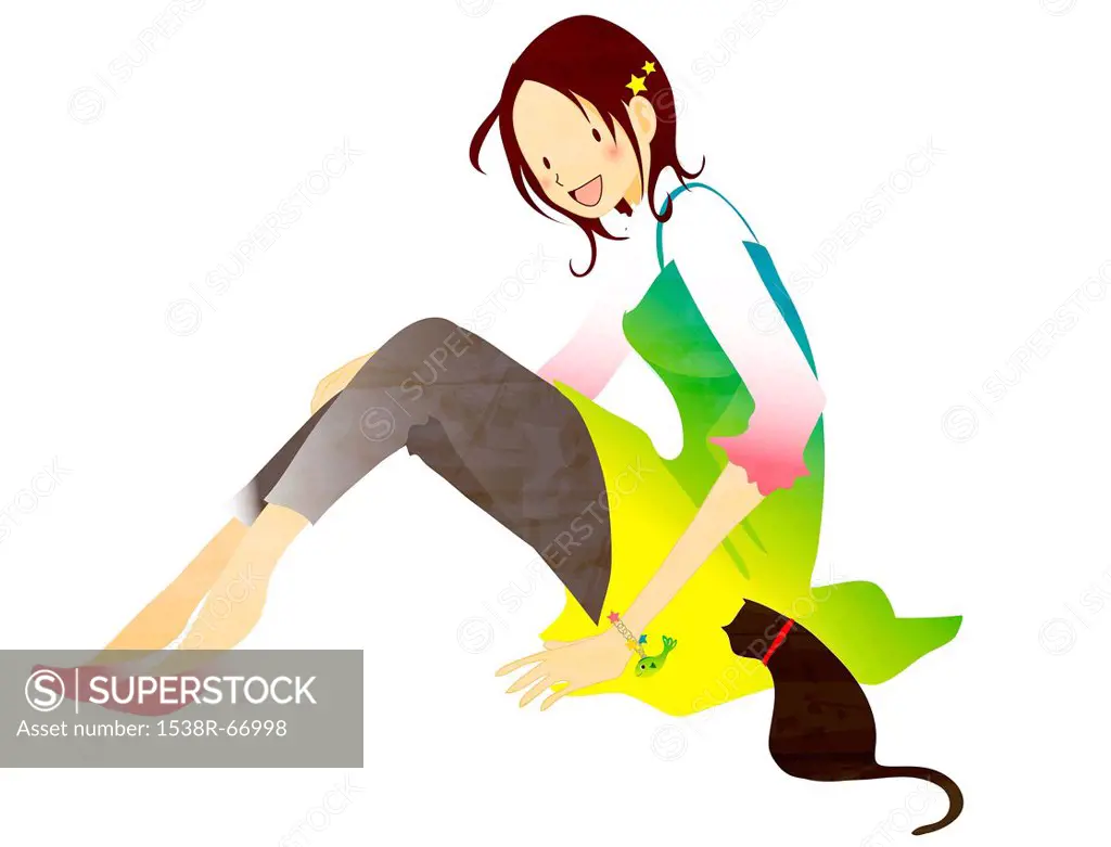 Illustration portrait of a young woman playing with a cat