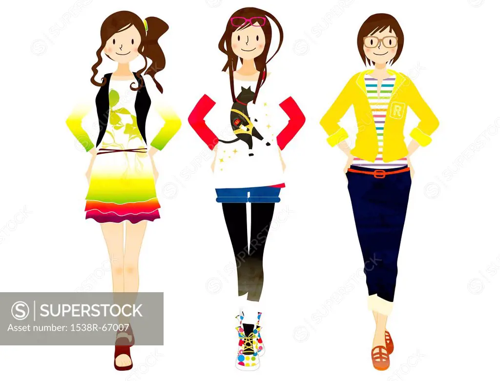 Illustration of three young women posing in a line